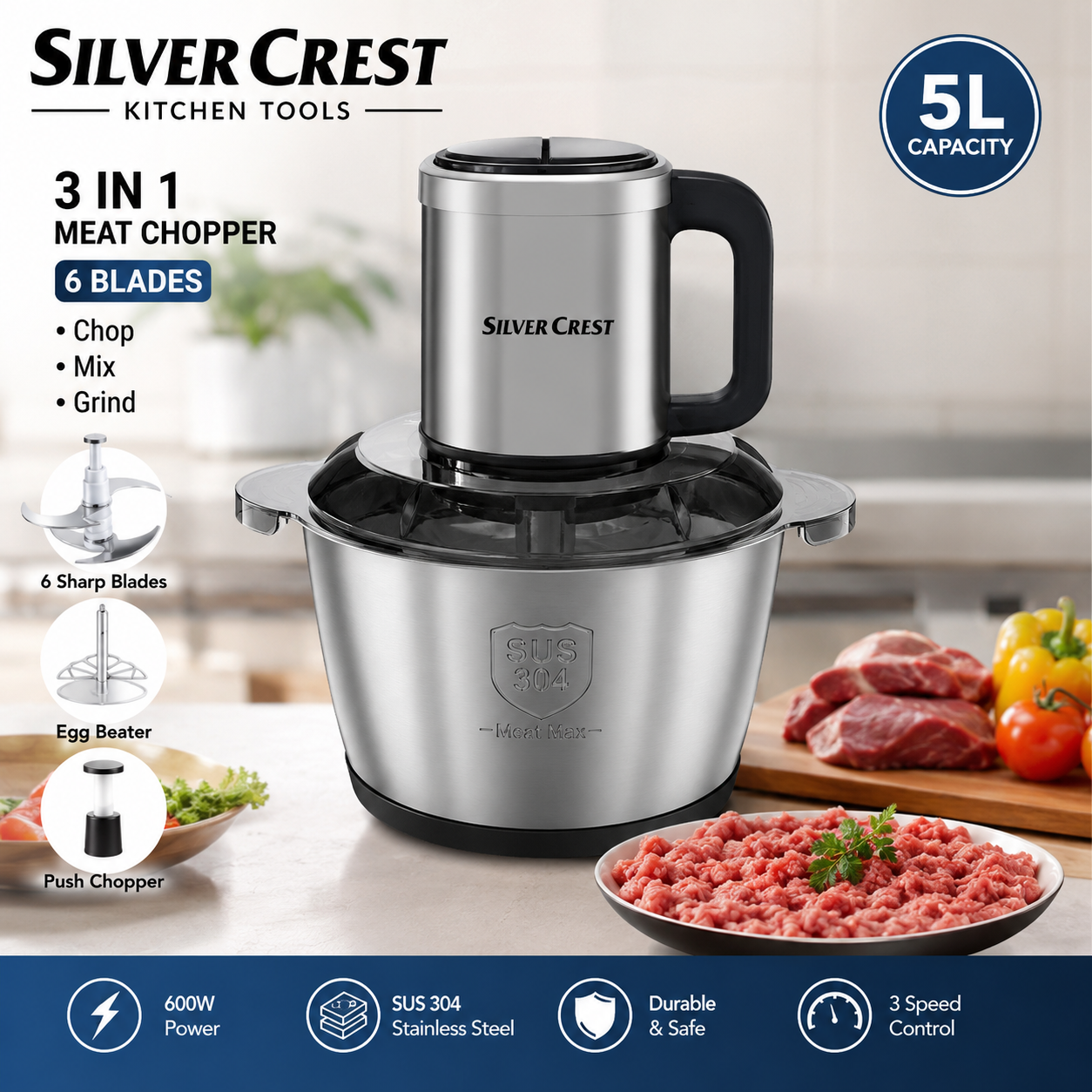 Silver Crest 3-in-1 meat chopper kitchen tool with a stainless steel bowl, black handle, and top-mounted motor unit. The image includes product features, capacity callouts, ingredient examples, and a dark blue footer with feature icons.